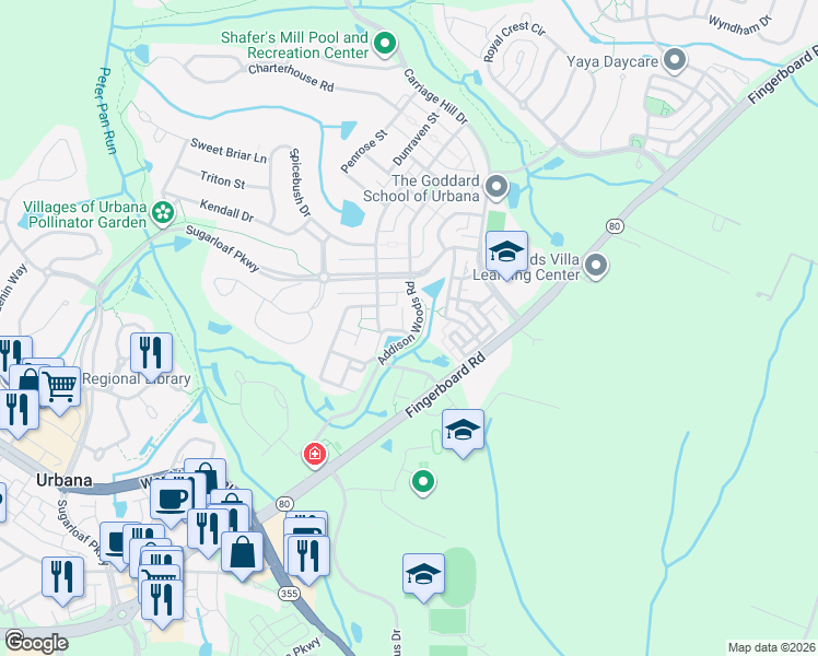 map of restaurants, bars, coffee shops, grocery stores, and more near 3800 Addison Woods Road in Frederick