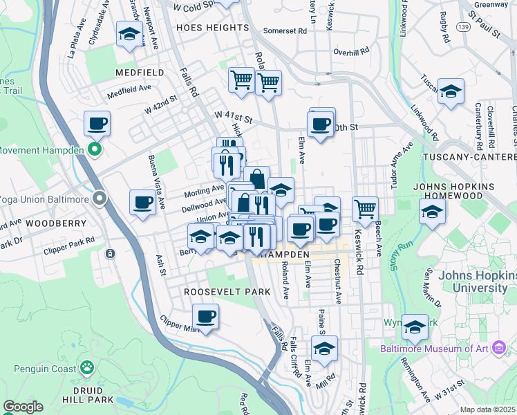 map of restaurants, bars, coffee shops, grocery stores, and more near 1027 Union Avenue in Baltimore
