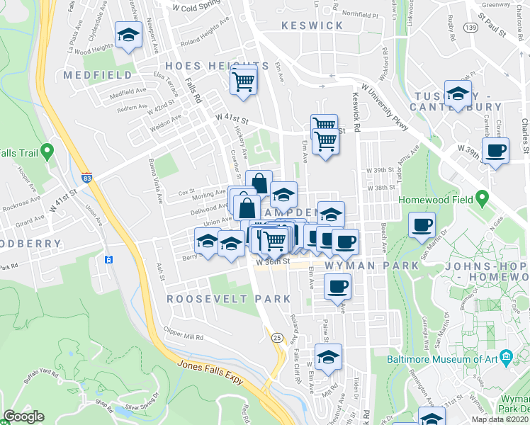 map of restaurants, bars, coffee shops, grocery stores, and more near 1019 Union Avenue in Baltimore