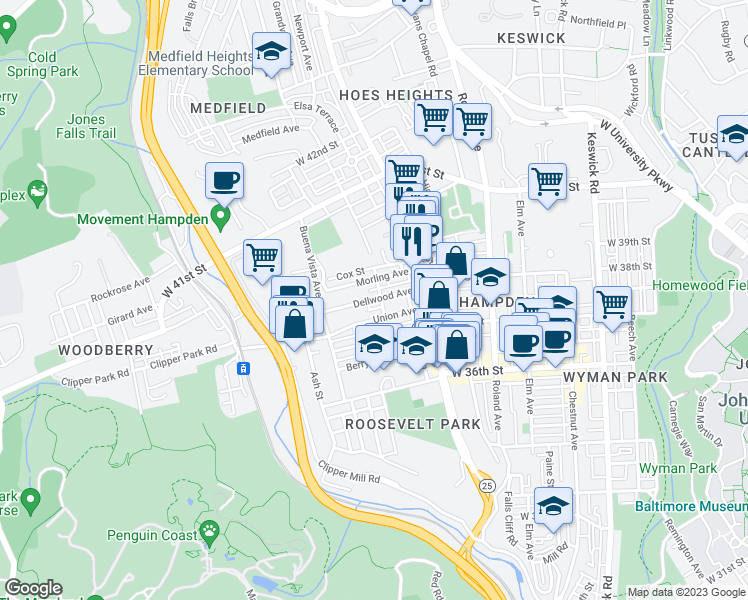 map of restaurants, bars, coffee shops, grocery stores, and more near Dellwood Avenue in Baltimore