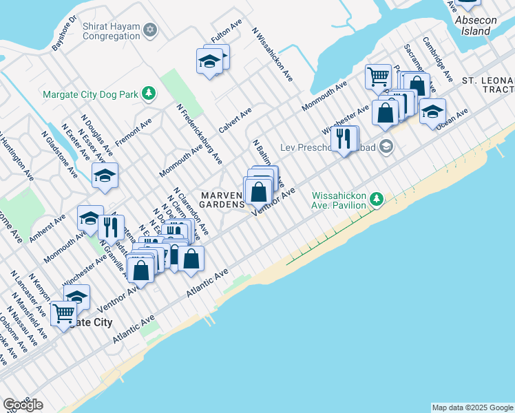 map of restaurants, bars, coffee shops, grocery stores, and more near in Margate City