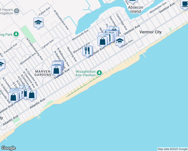 map of restaurants, bars, coffee shops, grocery stores, and more near 108 South Newark Avenue in Ventnor City