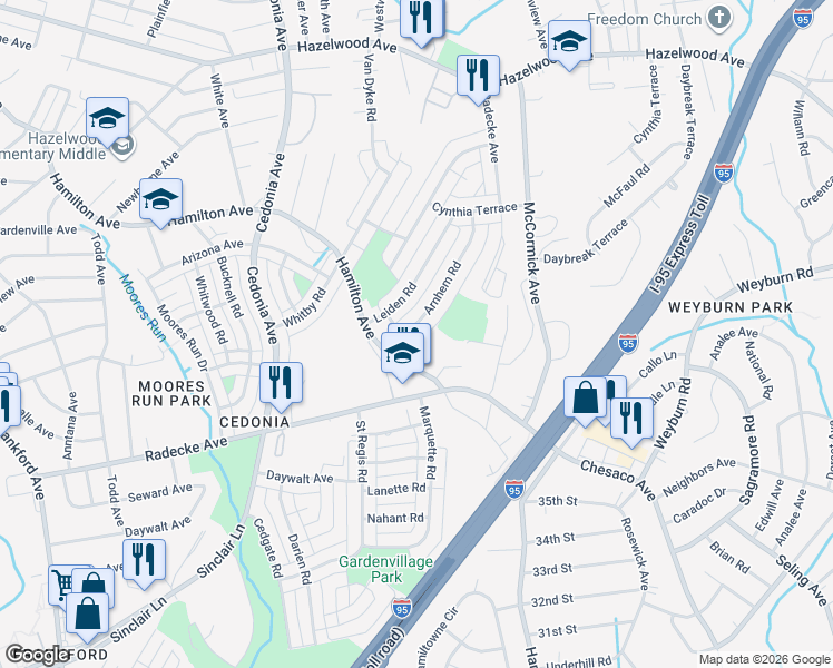 map of restaurants, bars, coffee shops, grocery stores, and more near 5645 Arnhem Road in Baltimore