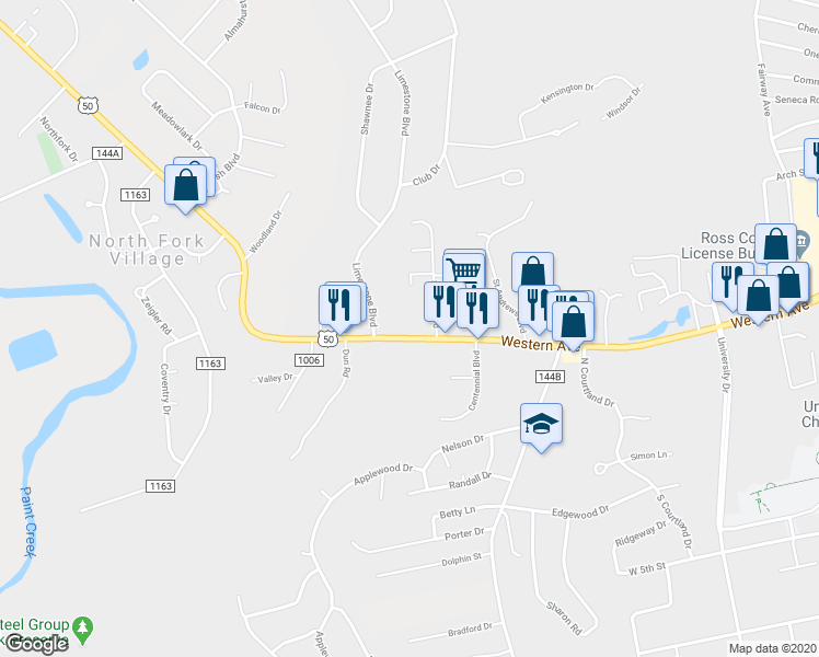 map of restaurants, bars, coffee shops, grocery stores, and more near 1257 Western Avenue in Chillicothe