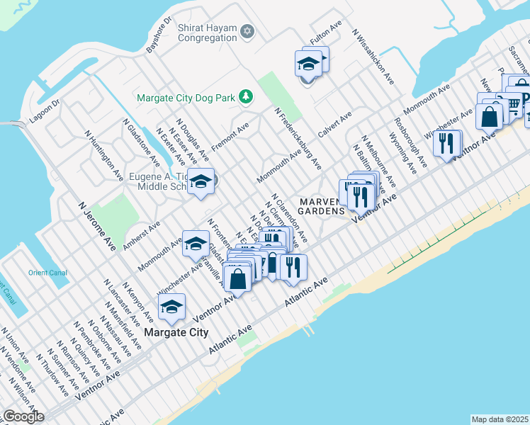 map of restaurants, bars, coffee shops, grocery stores, and more near 7703 Winchester Avenue in Margate City