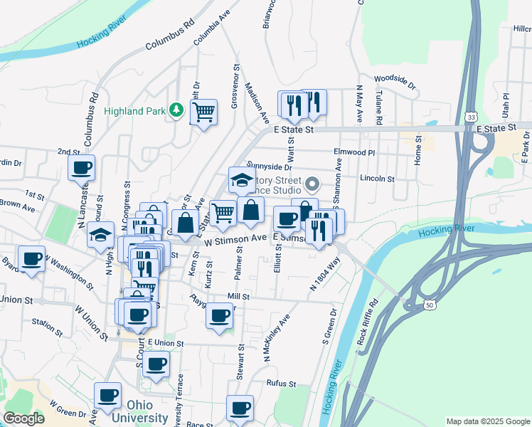 map of restaurants, bars, coffee shops, grocery stores, and more near 71 Morris Avenue in Athens