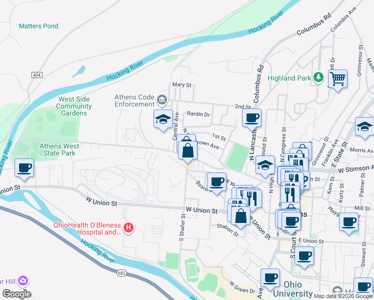 map of restaurants, bars, coffee shops, grocery stores, and more near 198 West State Street in Athens