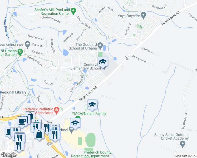 map of restaurants, bars, coffee shops, grocery stores, and more near 3575 Holborn Place in Frederick