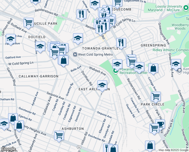 map of restaurants, bars, coffee shops, grocery stores, and more near 4029 Cedardale Road in Baltimore