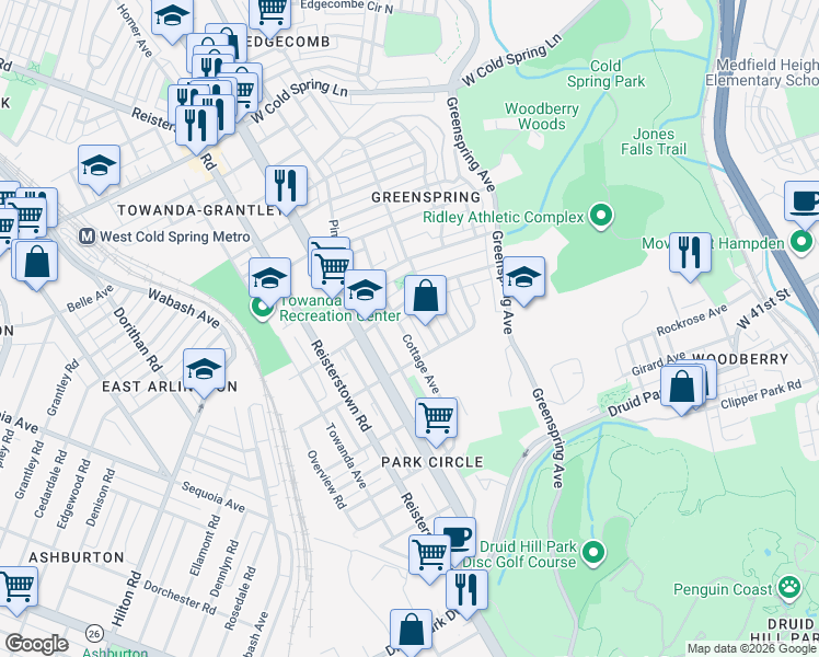 map of restaurants, bars, coffee shops, grocery stores, and more near 3827 Cottage Avenue in Baltimore