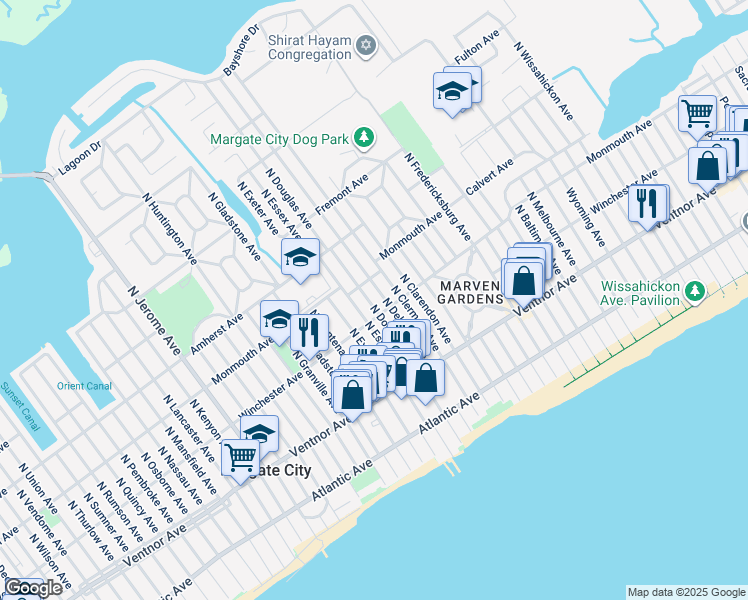 map of restaurants, bars, coffee shops, grocery stores, and more near 101 North Essex Avenue in Margate City