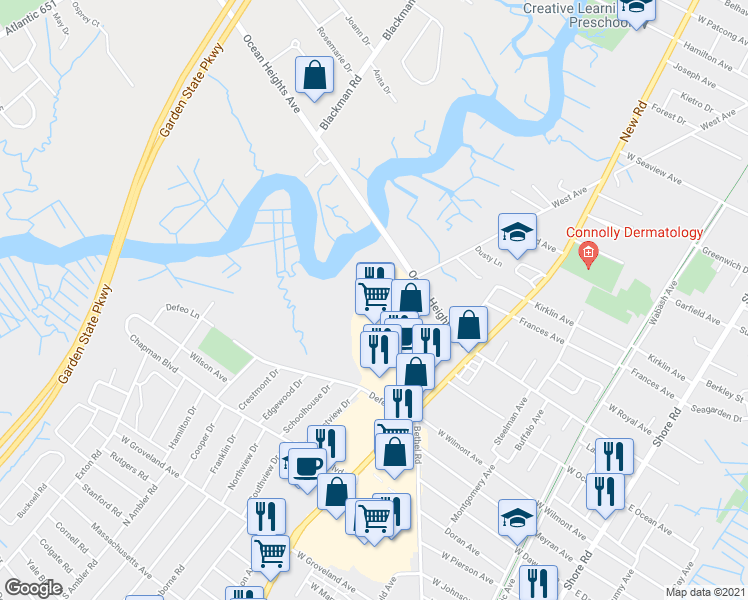 map of restaurants, bars, coffee shops, grocery stores, and more near 9 Bethel Road in Somers Point