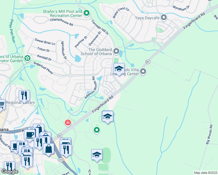 map of restaurants, bars, coffee shops, grocery stores, and more near 3623 Spring Hollow Drive in Frederick