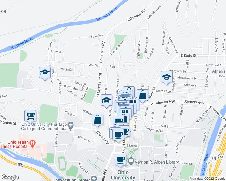 map of restaurants, bars, coffee shops, grocery stores, and more near 97 North Congress Street in Athens