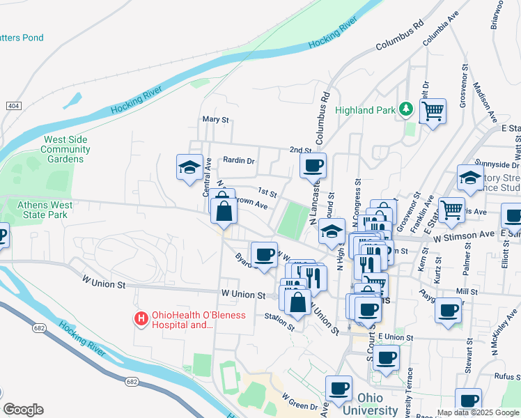 map of restaurants, bars, coffee shops, grocery stores, and more near 12 Miller Street in Athens