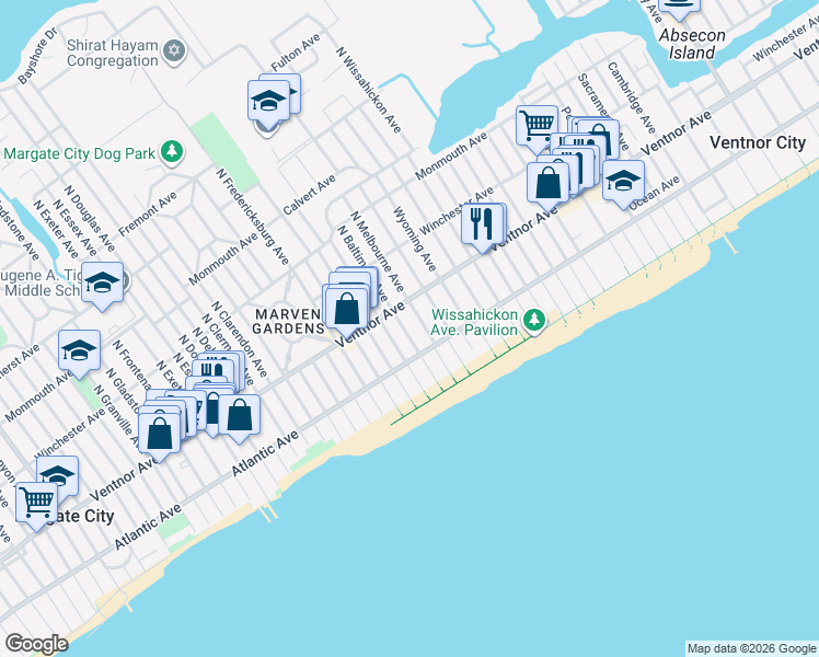 map of restaurants, bars, coffee shops, grocery stores, and more near 24 South Baltimore Avenue in Ventnor City