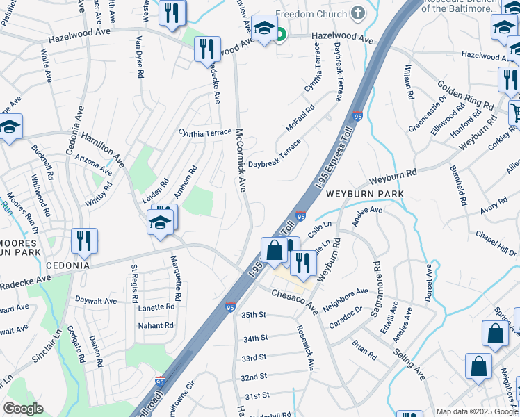 map of restaurants, bars, coffee shops, grocery stores, and more near 8120 Bartholomew Court in Baltimore