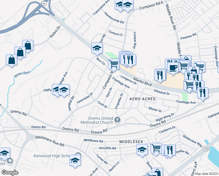 map of restaurants, bars, coffee shops, grocery stores, and more near 14 Gyro Drive in Middle River