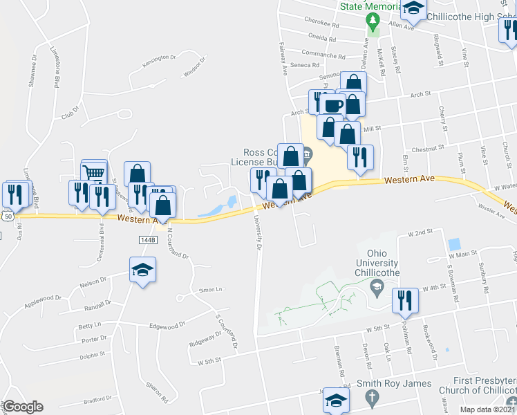 map of restaurants, bars, coffee shops, grocery stores, and more near 790 Western Avenue in Chillicothe