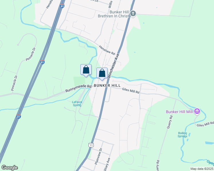 map of restaurants, bars, coffee shops, grocery stores, and more near U.S. 11 in Bunker Hill