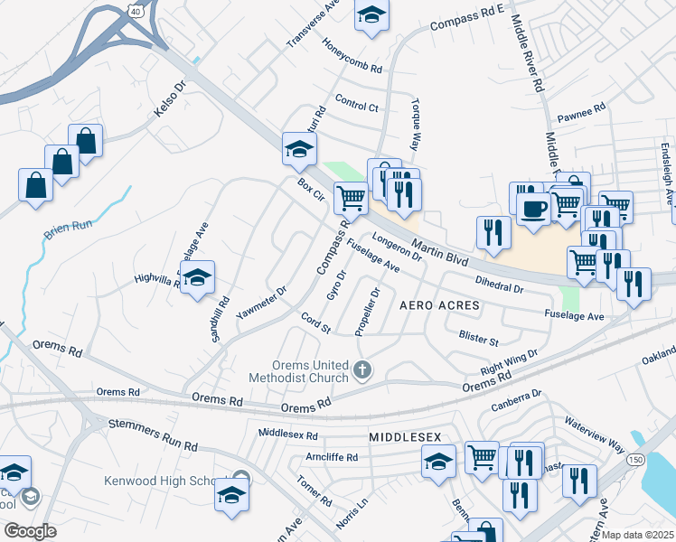 map of restaurants, bars, coffee shops, grocery stores, and more near 14 Gyro Drive in Middle River