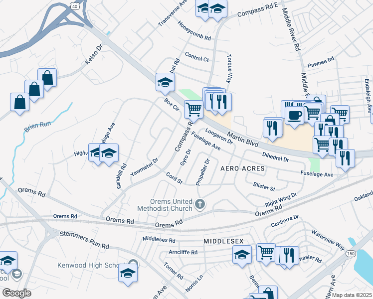 map of restaurants, bars, coffee shops, grocery stores, and more near 14 Gyro Drive in Middle River