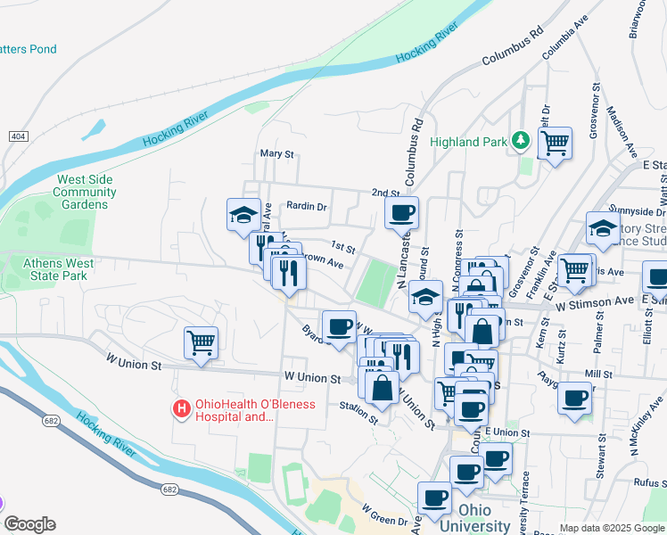map of restaurants, bars, coffee shops, grocery stores, and more near 12 Miller Street in Athens
