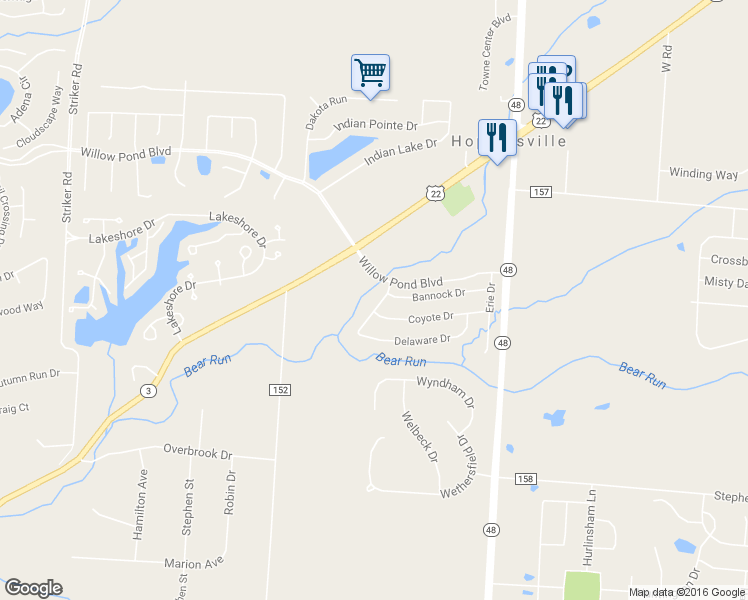 map of restaurants, bars, coffee shops, grocery stores, and more near 483 Apalachee Drive in Maineville