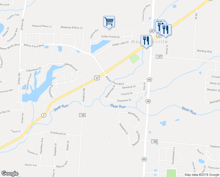 map of restaurants, bars, coffee shops, grocery stores, and more near 483 Apalachee Drive in Maineville