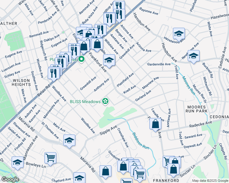 map of restaurants, bars, coffee shops, grocery stores, and more near 4603 Frankford Avenue in Baltimore
