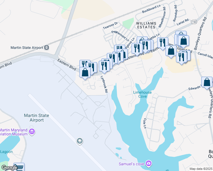 map of restaurants, bars, coffee shops, grocery stores, and more near 19 Lynbrook Road in Middle River