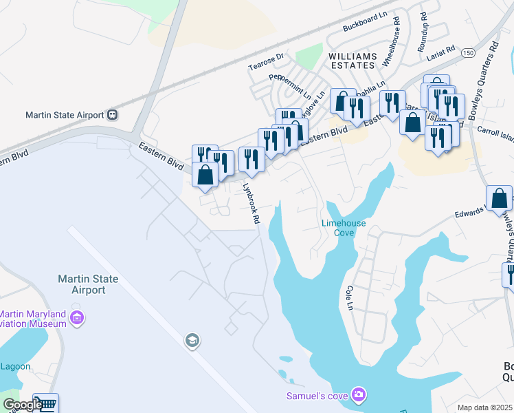 map of restaurants, bars, coffee shops, grocery stores, and more near 19 Lynbrook Road in Middle River