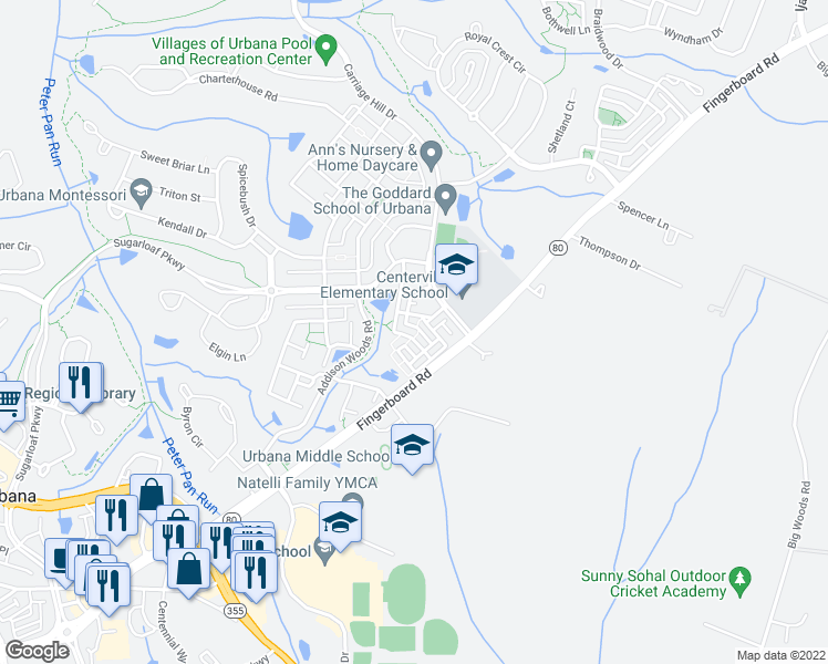 map of restaurants, bars, coffee shops, grocery stores, and more near 3625 Spring Hollow Drive in Frederick