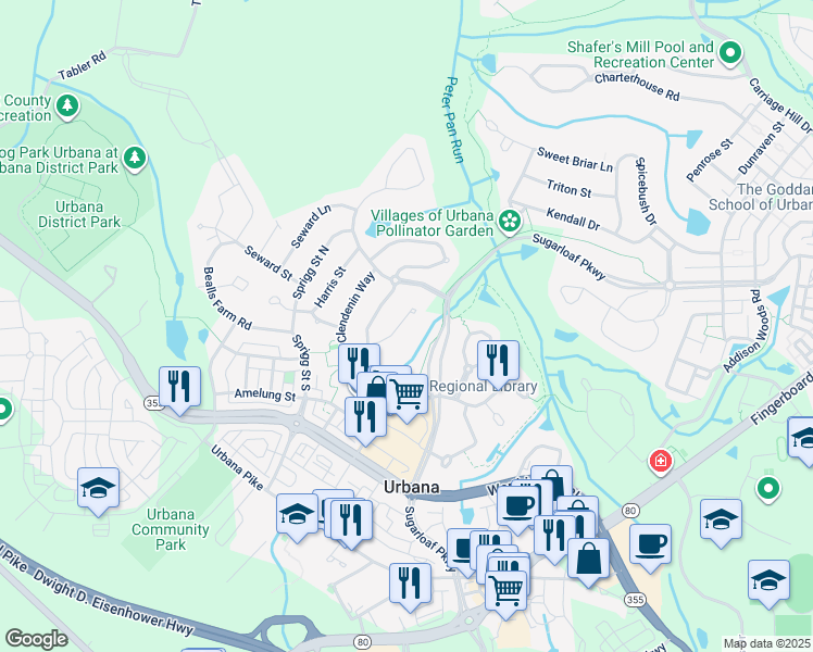 map of restaurants, bars, coffee shops, grocery stores, and more near 9084 Clendenin Way in Frederick