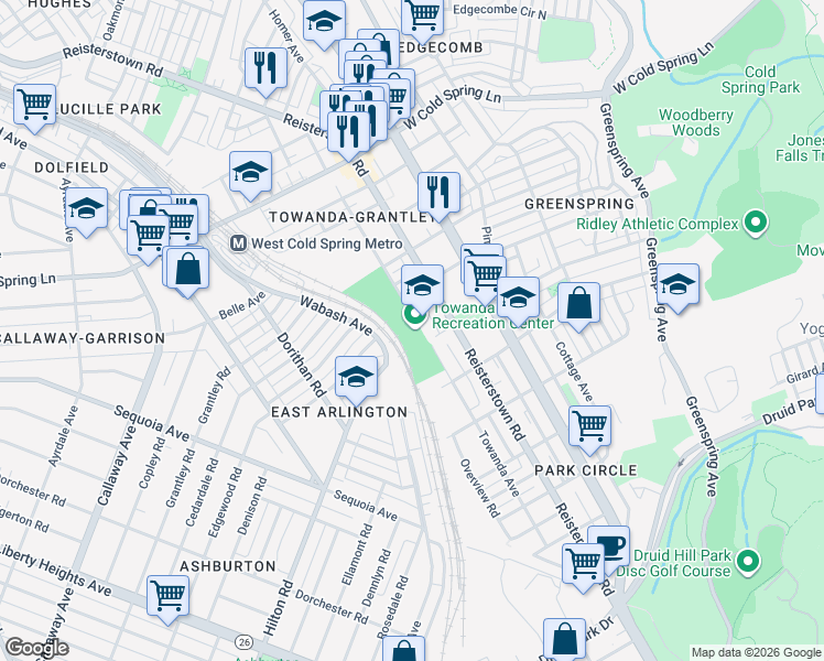 map of restaurants, bars, coffee shops, grocery stores, and more near 4100 Towanda Avenue in Baltimore