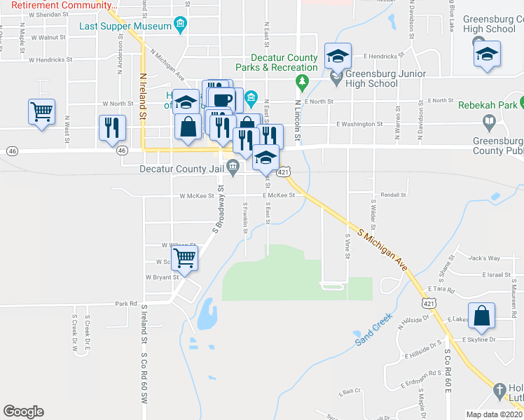 map of restaurants, bars, coffee shops, grocery stores, and more near 339 South East Street in Greensburg