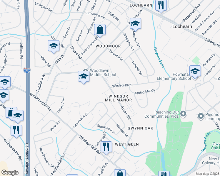 map of restaurants, bars, coffee shops, grocery stores, and more near Essex Road & Windsor Boulevard in Lochearn