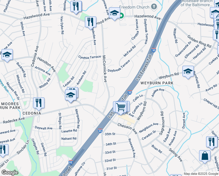 map of restaurants, bars, coffee shops, grocery stores, and more near 8130 Bartholomew Court in Baltimore