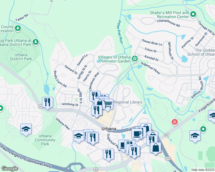 map of restaurants, bars, coffee shops, grocery stores, and more near 9084 Clendenin Way in Frederick