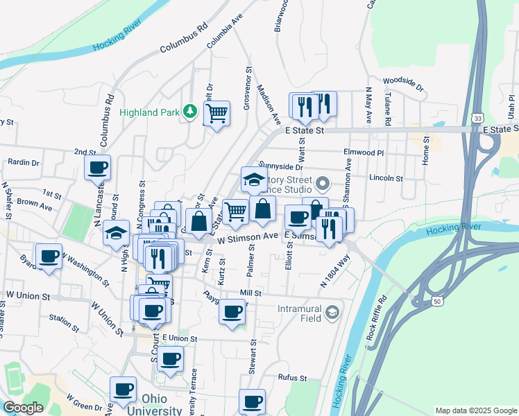 map of restaurants, bars, coffee shops, grocery stores, and more near 15 Ondis Avenue in Athens