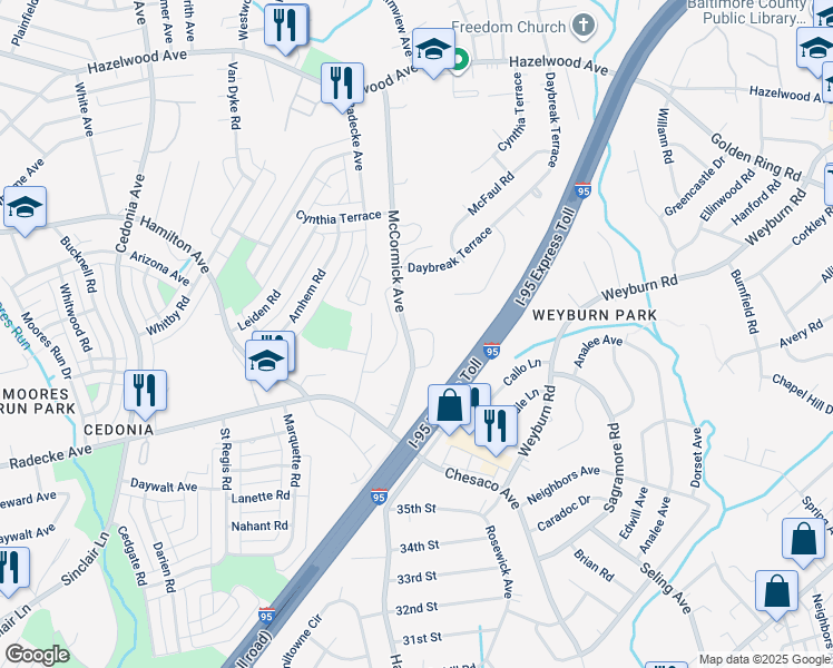 map of restaurants, bars, coffee shops, grocery stores, and more near 8128 Bartholomew Court in Baltimore