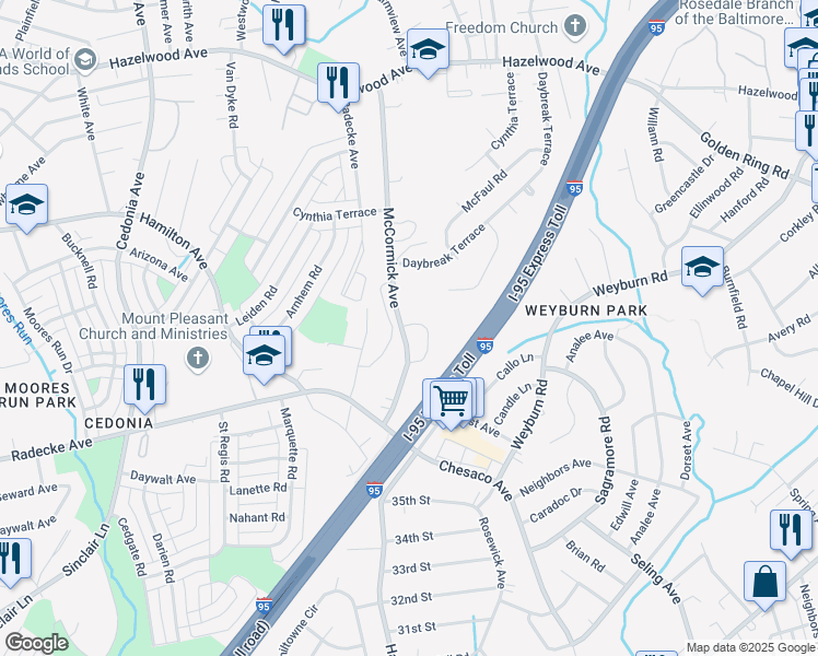 map of restaurants, bars, coffee shops, grocery stores, and more near 8130 Bartholomew Court in Baltimore