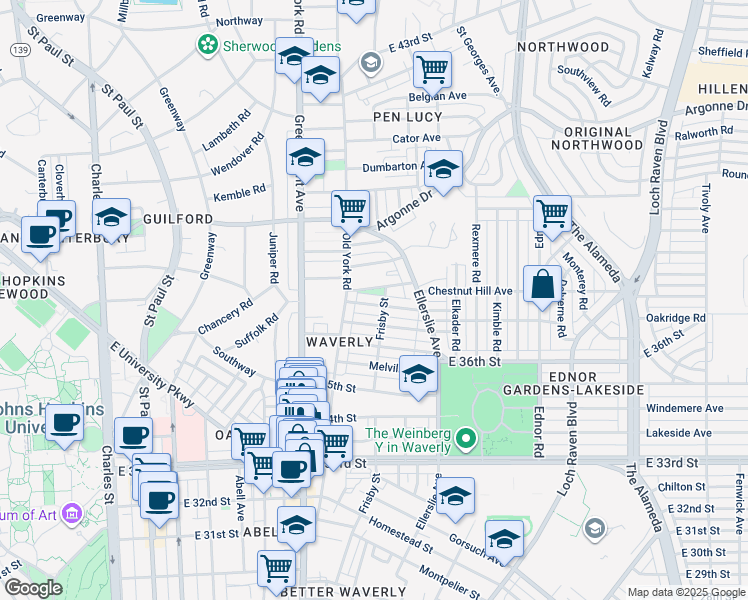 map of restaurants, bars, coffee shops, grocery stores, and more near 644 East 37th Street in Baltimore