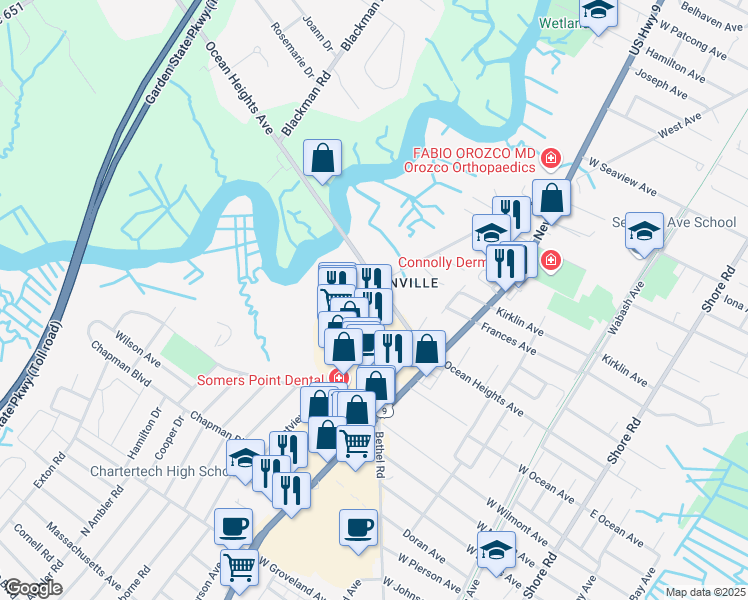 map of restaurants, bars, coffee shops, grocery stores, and more near 9 Bethel Road in Somers Point