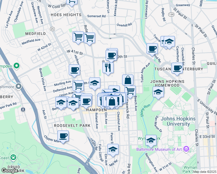 map of restaurants, bars, coffee shops, grocery stores, and more near 832 Union Avenue in Baltimore
