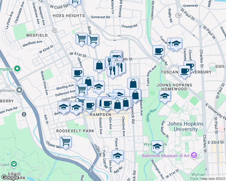 map of restaurants, bars, coffee shops, grocery stores, and more near 832 Union Avenue in Baltimore