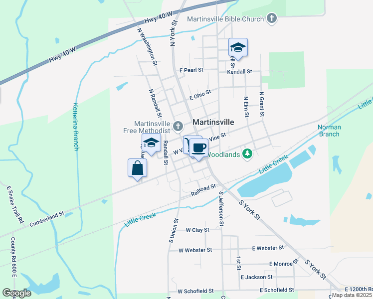 map of restaurants, bars, coffee shops, grocery stores, and more near 215 West Vine Street in Martinsville