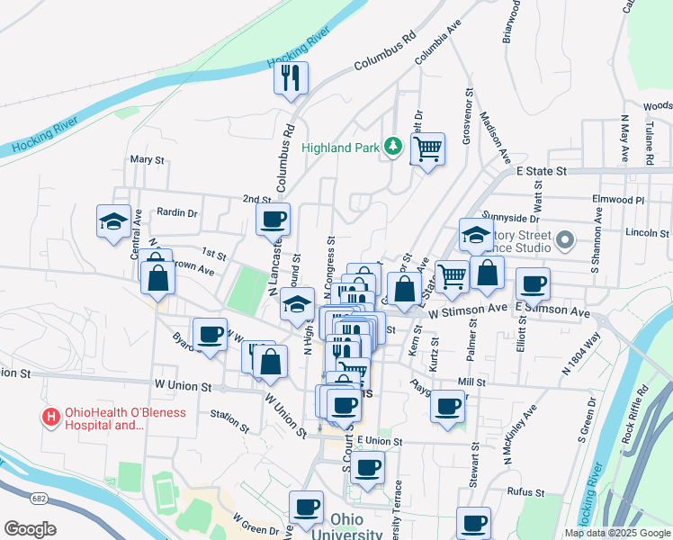 map of restaurants, bars, coffee shops, grocery stores, and more near 131 North Congress Street in Athens