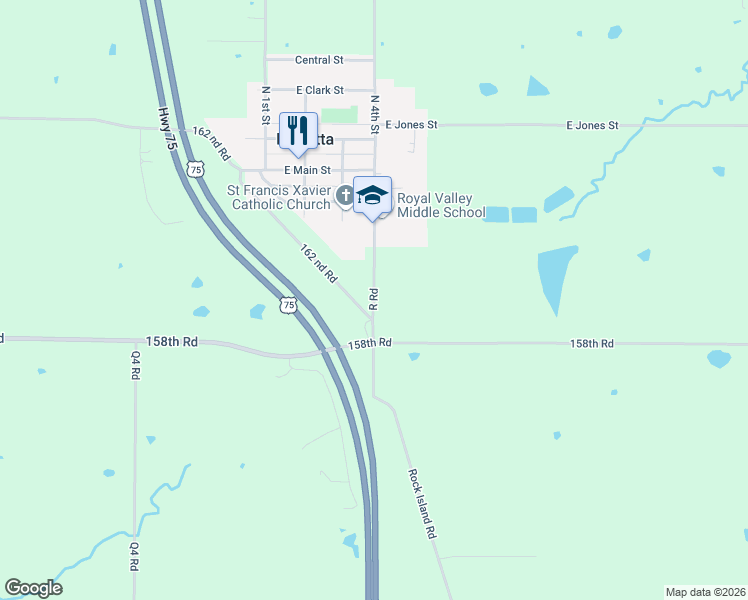 map of restaurants, bars, coffee shops, grocery stores, and more near 16001 R Road in Mayetta
