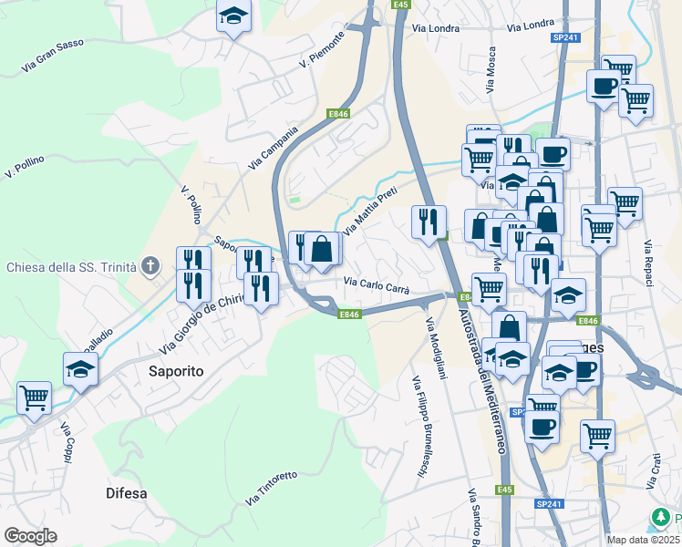 map of restaurants, bars, coffee shops, grocery stores, and more near 25 Via Carlo Carrà in Quattromiglia
